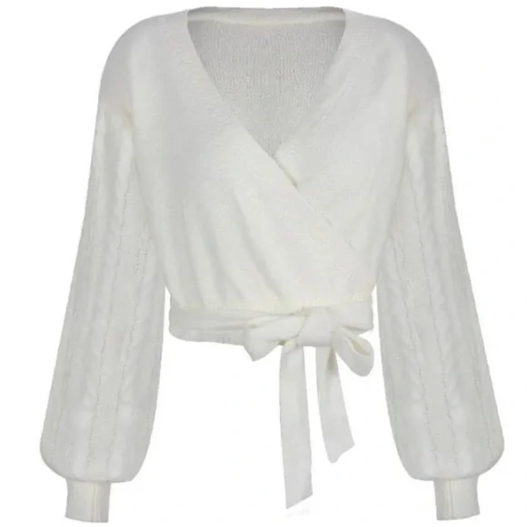 BNWT, Ivory Cropped Wrap Sweater - Picture 4 of 9